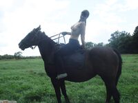 Topless amateur girl on horse